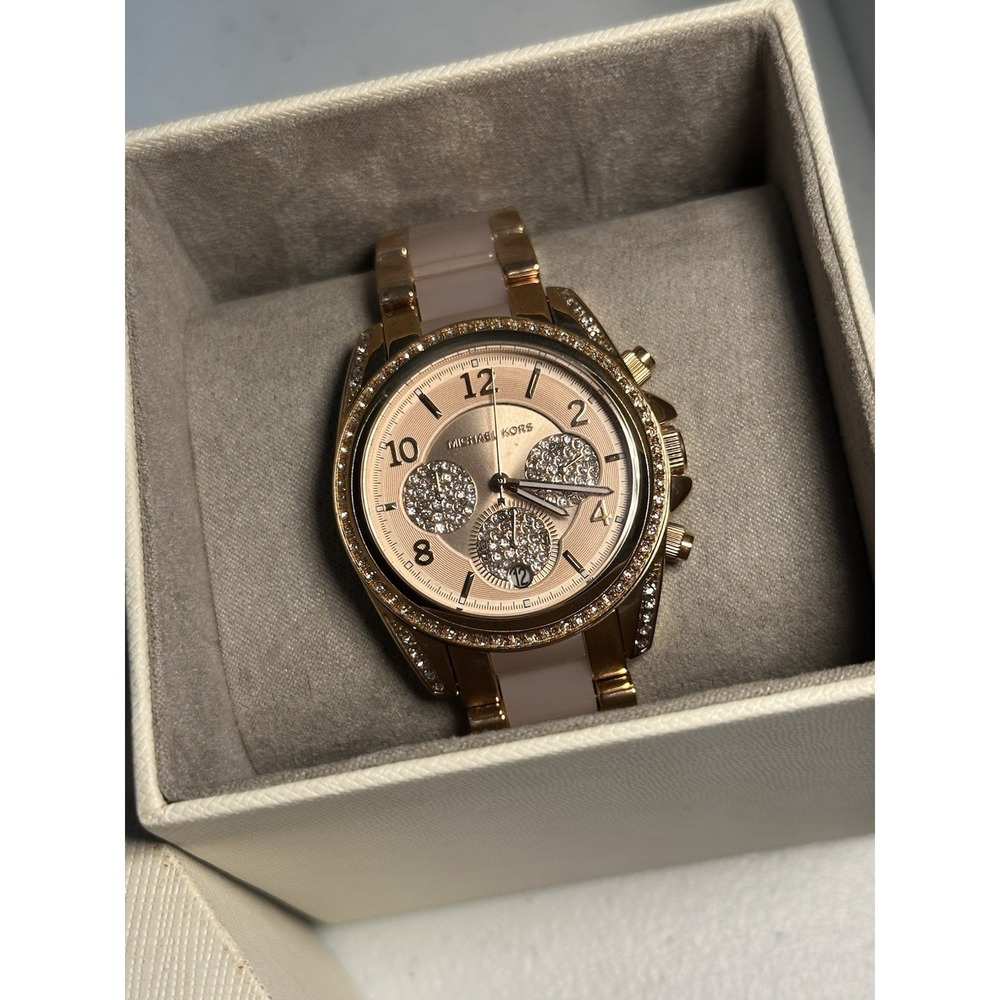 Michael Kors Ritz Rose Gold Blush Acetate Chronograph Watch MK6763 New
